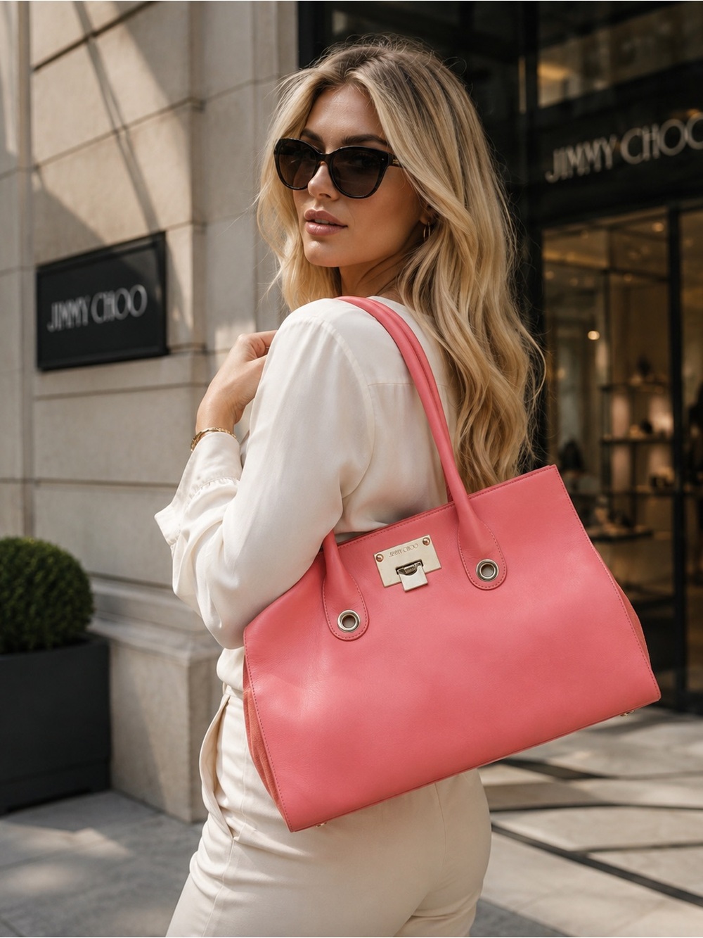 Jimmy Choo Leather Pink Riley Tote with Orange Suede Sides